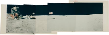 Panoramic view [Mosaic] of the Descartes landing site with the LM Orion, John Young, the Rover, the US flag and the Solar Wind Collector, April 16-27, 1972