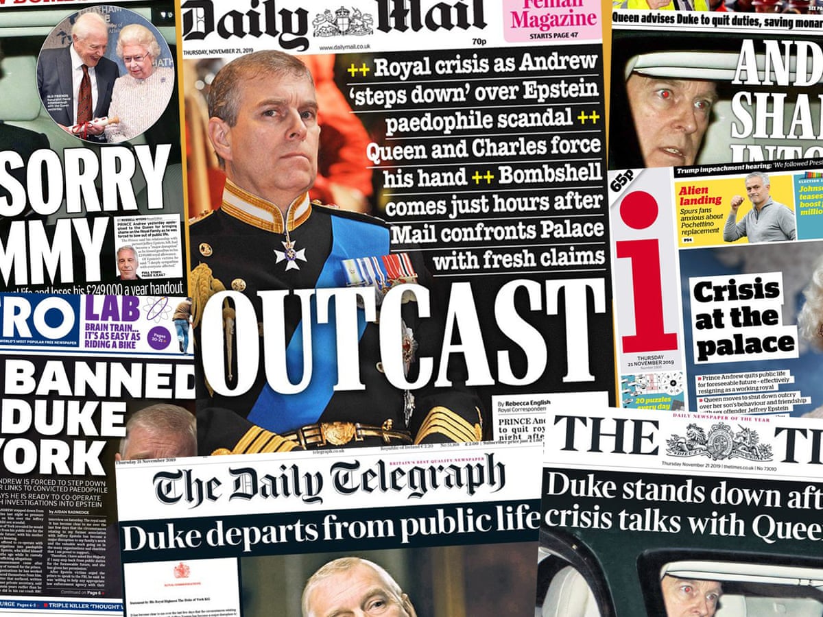 Outcast': how the newspapers covered Prince Andrew's suspension of duties | Andrew Mountbatten-Windsor | The Guardian