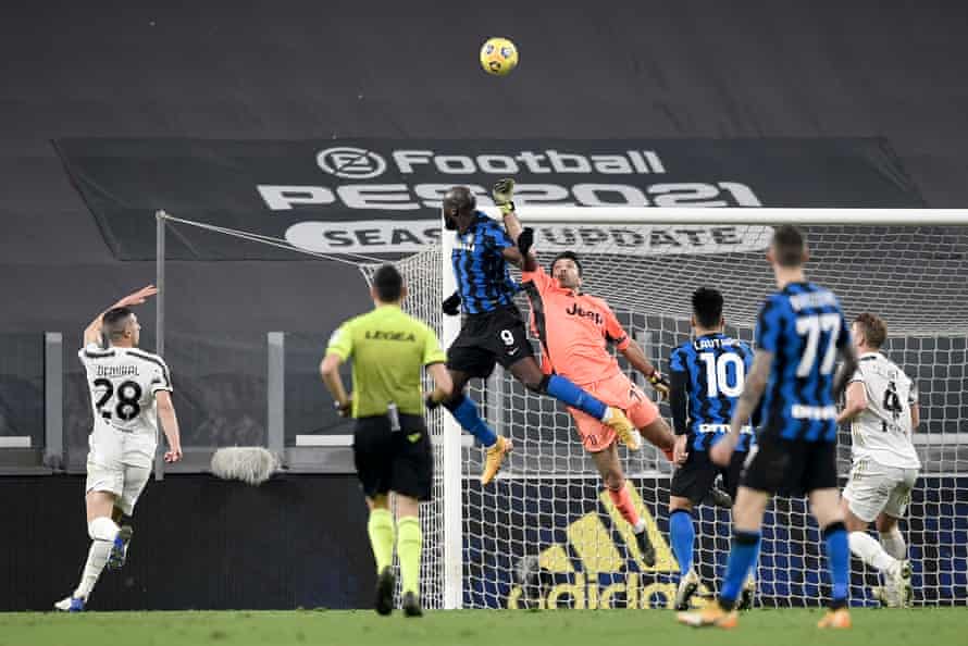 Gianluigi Buffon in action last month, saving a header from Romelu Lukaku of Inter.