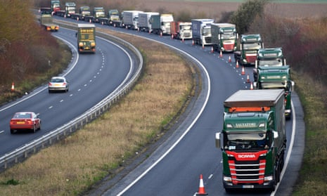 Lorries queue during a test drive to the port of Dover in Kent to see how roads will cope in case of a no-deal Brexit, January 2019. 