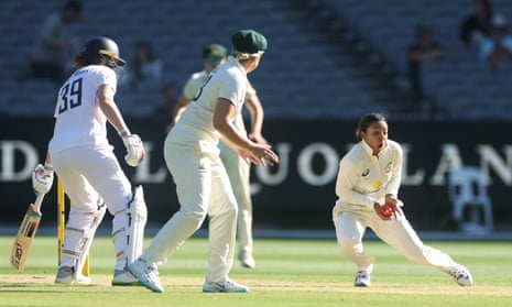 Alana King holds a catch off her own bowling to dismiss Sophia Dunkley