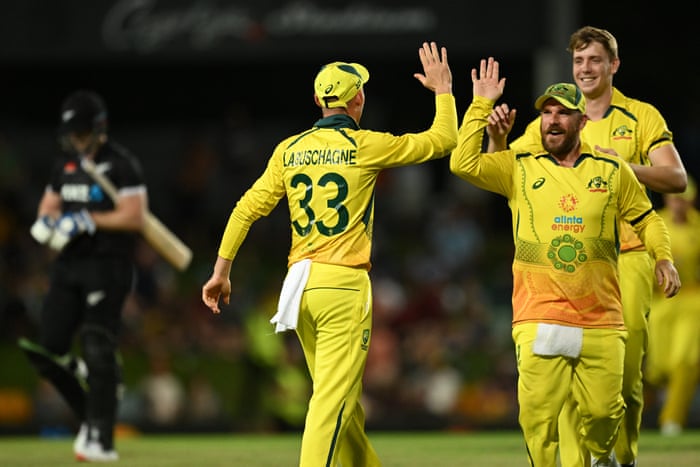 Labuschagne, Finch and Green celebrate the wicket of Neesham.