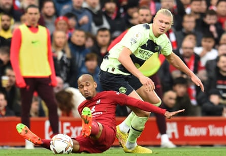 Erling Haaland brings down Fabinho in the build-up to Manchester City’s goal – with a foul awarded after a VAR check.