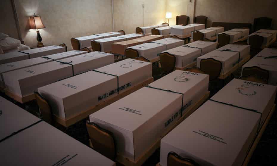 Caskets of Covid-19 victims at Gerard J Neufeld funeral home in Queens, New York City, on 29 April, at the height of the pandemic in the city.