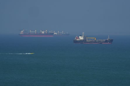 An oil tanker in the strait of Hormuz, which remains mostly blocked.