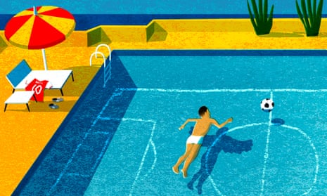 An illustration of Mesut Özil playing football in a swimming pool