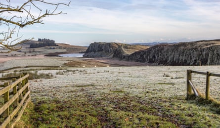 Frosty late autumn/early winter day at Hadrian's Wall with crags and clear sky
