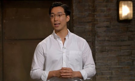 Mark Wong, the founder of Impossibrew presenting an idea in Dragons’ Den – wearing a white shirt and glasses