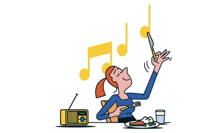 An illustration showing a woman gesticulating along to the radio while eating dinner