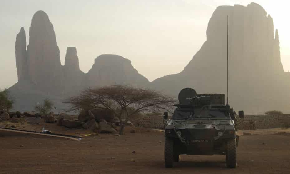A French armoured vehicle drives by Mount Hombori during operations in Mali’s Gourma region in 2019.