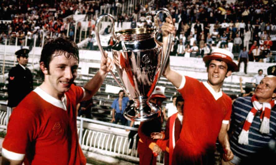 Ray Kennedy celebrates Liverpool’s first European Cup win with Jimmy Case, in Rome in 1977
