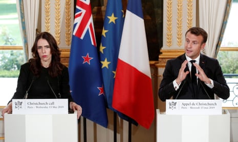 French president Emmanuel Macron and New Zealand’s prime minister Jacinda Ardern hold a news conference during the Christchurch Call summit.