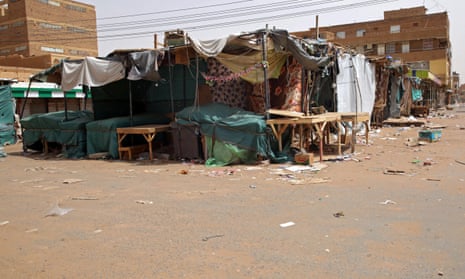 Closed stalls in an empty street in the Omdurman market, near Khartoum, Sudan