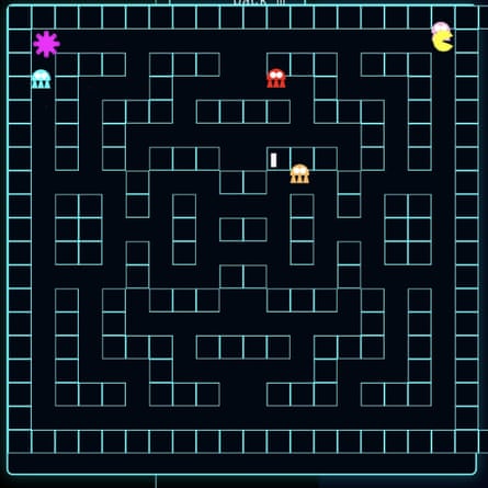 A square box, coloured black and green, with small coloured characters in a clone of a Pac-Man game.