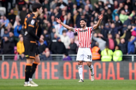 Josh Laurent of Stoke City celebrates after opening the scoring at Hull City.