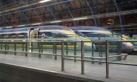 Eurostar train carriages at St Pancras International station in London.