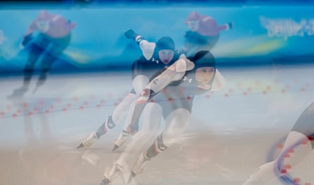An in-camera multiple exposure photo shows Brittany Bowe (front) of the USA and Ragne Wiklund (back) of Norway.