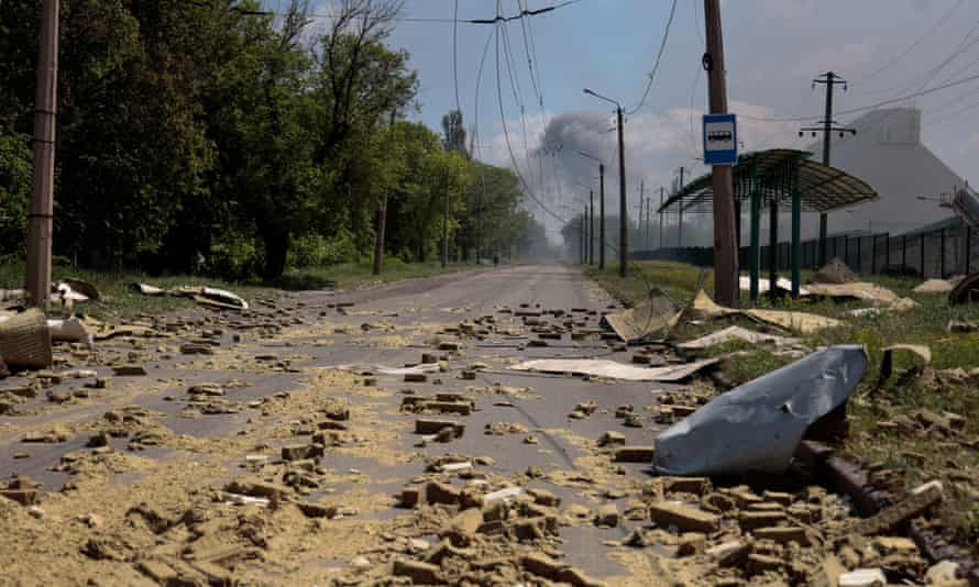 Debris is seen in a street after a Russian military strike in the town of Bakhmut, in Donetsk region, Ukraine.