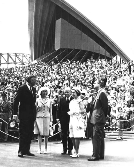 Sir Roden and Lady Cutler, and Sir Robert and Lady Askin with Queen Elizabeth and the Duke at the opening of the Opera House, 20 October 1973