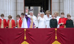 King Charles and Queen Camilla on the balcony of Buckingham Palace after the coronation ceremony.