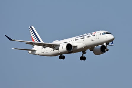 An Airbus A220-300 jet in flight showing Air France livery.