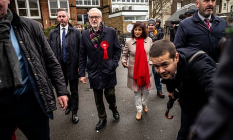 Jeremy Corbyn his wife, Laura Alvarez, outside their local polling station.