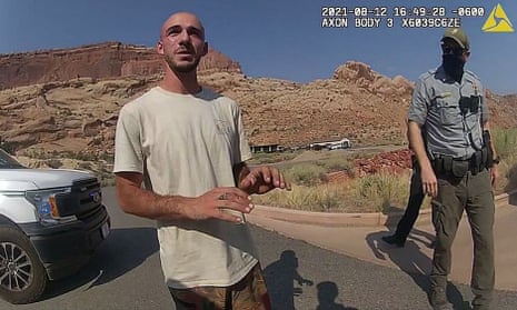 Brian Laundrie talks to a police officer in Moab, Utah.