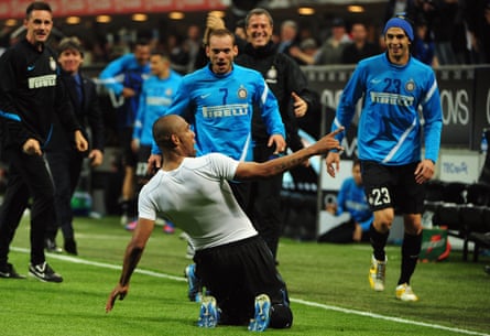 Maicon celebrates after scoring against Milan in May 2012.