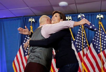 Nikki Haley greets Retired Army Brig. Gen. Don Bolduc after being introduced at a campaign event in Portland, Maine,