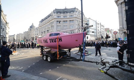 The pink boat which climate change activists used as a central point of their encampment as they occupied the road junction at Oxford Circus in central London.