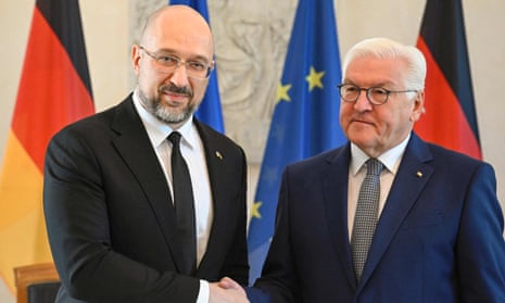 German President Frank-Walter Steinmeier and Ukraine’s Prime Minister Denys Shmyhal ahead of talks at the presidential Bellevue Palace in Berlin