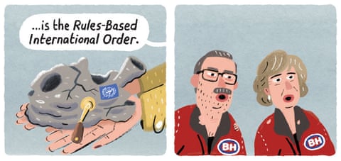 A series of cartoon images of the TV show Bargain Hunt in which a couple find the Rules-Based International Order, panel 2