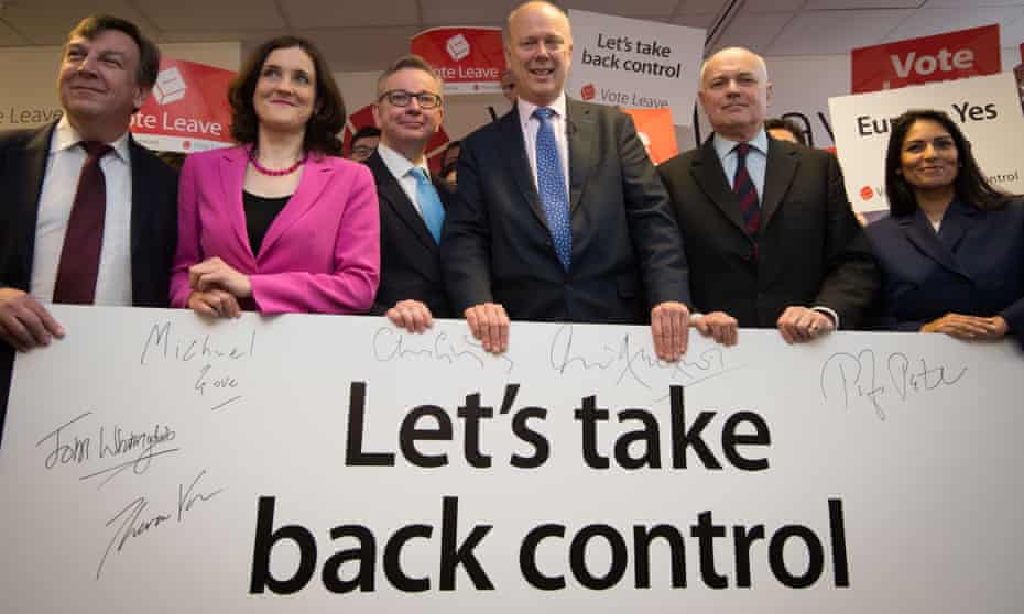 John Whittingdale, Theresa Villiers, Michael Gove, Chris Grayling, Iain Duncan Smith and Priti Patel launch the Vote Leave campaign in 2016.