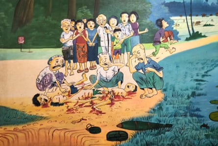 A painting by Aki Ra showing bodies mutilated by a mine explosion surrounded by crying villagers.