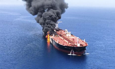An oil tanker on fire in the sea of Oman today.