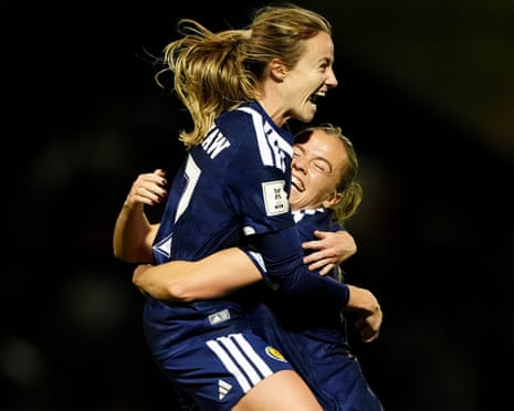 Christy Grimshaw (left) celebrates scoring Scotland’s third goal of the game.