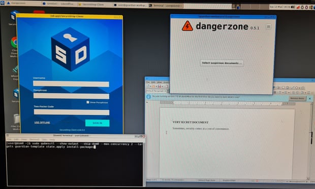 A screenshot of Qubes OS running Securedrop Workstation and Dangerzone