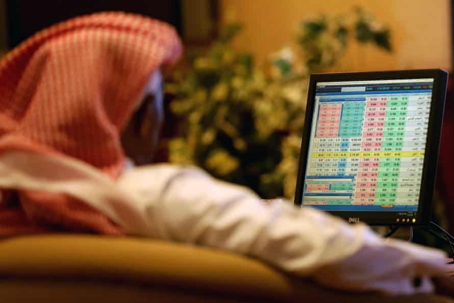 A Saudi trader at the stock market trading room in Riyadh.