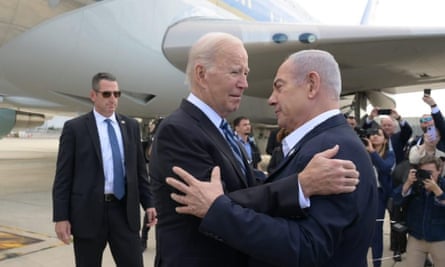 Joe Biden is welcomed by Israeli prime minister Benjamin Netanyahu in Tel Aviv on Wednesday.