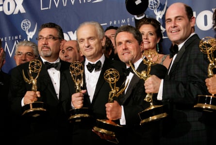 The producers of The Sopranos with their Emmys, including David Chase (second left) and Matthew Weiner (far right).
