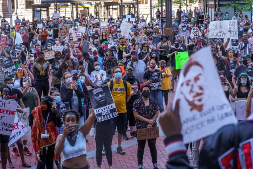 Protesters gather in a call for justice for George Floyd in Minneapolis, Minnesota, on 28 May.