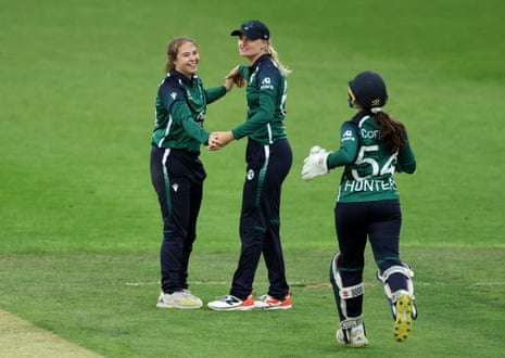 Ireland's Cara Murray celebrates with Gaby Lewis after the caught and bowled wicket of England's Sophia Dunkley.
