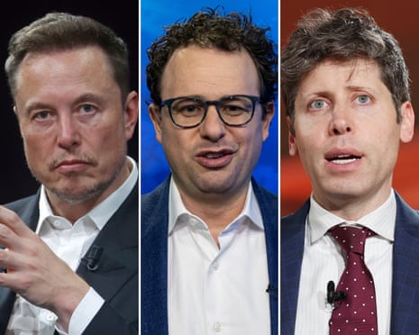 A combined image of three men: Elon Musk, Dario Amodei and Sam Altman.