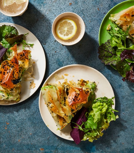 Chantelle Nicholson’s vegan recipe for pea, broad bean and caramelised onion filo pie.