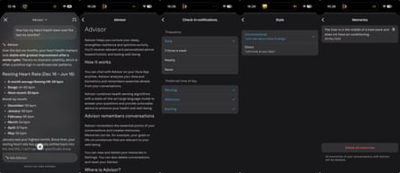 Screenshots showing various Oura AI advisor interactions and settings.