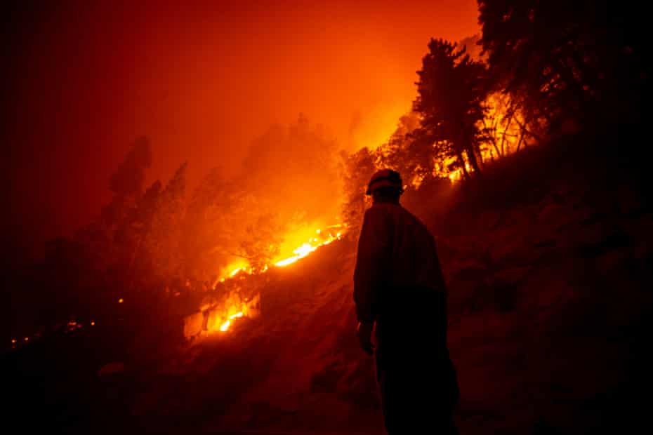 The Castle fire burns along a highway in the Sequoia national forest in September 2020.