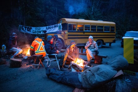 Members of the Rainforest Flying Squad blocking a logging road stay warm around a fire after setting up a new blockade.