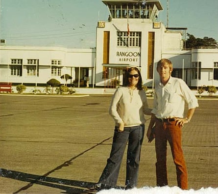 Lynne and Paul standing at Rangoon airport, Myanmar, circa 1971.