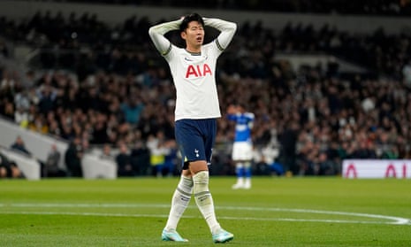 Tottenham Hotspur's Heung-min Son shows his dejection after missing an opportunity to score.