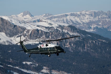 The Marine One helicopter, carrying US President Donald Trump, arrives at Davos.